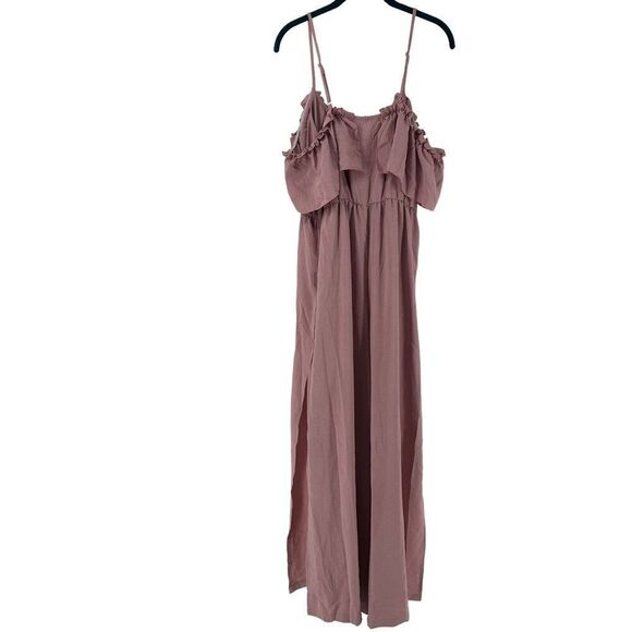 Pink Jumpsuit Off The Shoulder Ruffle Size M Lace Up V Neck Wide Leg Slit Boho - Picture 12 of 12